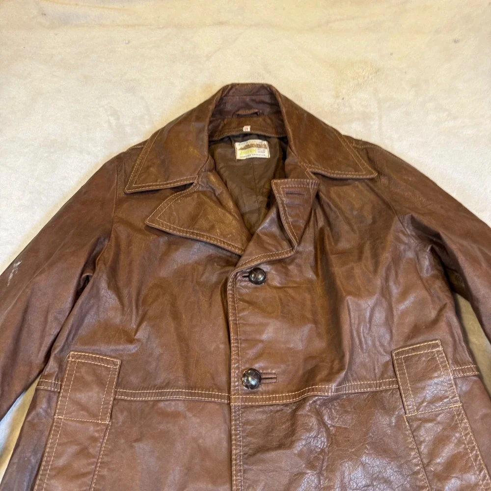 Asevox Vintage Brown Leather Car Coat Mens 40 Argentina Mid Length Jacket - Picture 2 of 7